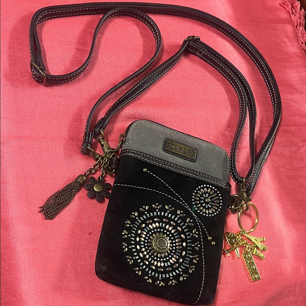 Chala Black/Gray Suede Crossbody Mini- Purse/Phone Bag with Medallion Accents